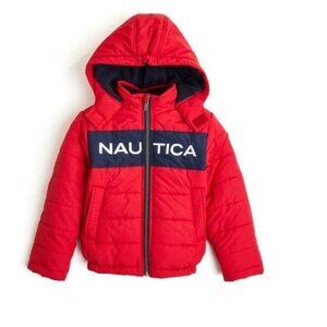 NWT Nautica Retro Kids Puffer Hooded Jacket Red Size M 10/12